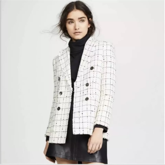 Rebecca Taylor Jackets & Blazers - Rebecca Taylor Tweed Blazer Cream Black Plaid Double Breasted Fringe Sz 6